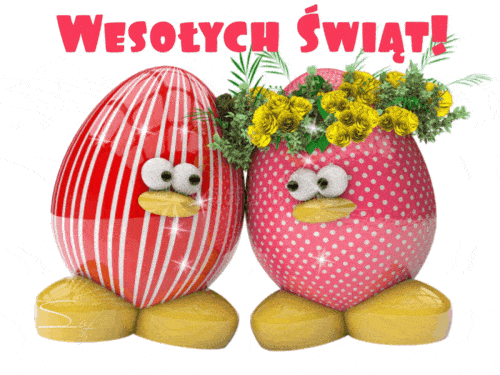 Dwa wielkanocne pisanki z oczami i ��tymi butami, drugie w ��tym wianku, napis Weso�ych �wi�t