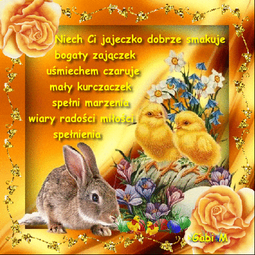 Wielkanocny zaj�czek, ��te kurcz�tka, pisanki, kwiaty i z�ota r�a w ozdobnej z�otej ramce z �yczeniami