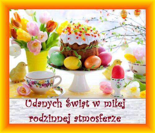 Wielkanocna babka z pisankami, tulipany, fili�anka i �yczenia Udanych �wi�t w mi�ej rodzinnej atmosferze