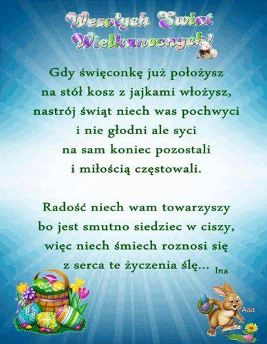 Niebieskie t�o z �yczeniami wielkanocnymi, koszykiem pe�nym pisanek, zaj�czkiem i napisem Weso�ych �wi�t Wielkanocnych