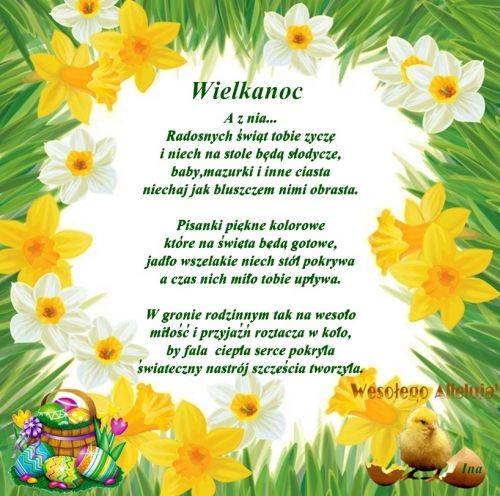 Wielkanocny wiersz w ramce z ��tych i bia�ych �onkili, zielonej trawy oraz pisanek