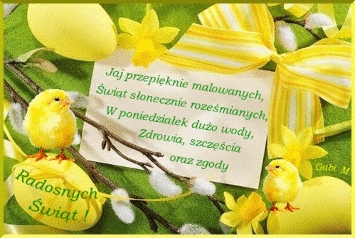 ��te kurczaki, pisanki, �onkile, ga��zki wierzbowe, kokarda i zielony napis z �yczeniami wielkanocnymi