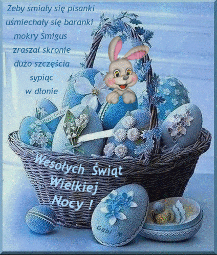 Wikturkowy koszyk pe�en niebieskich pisanek, zaj�czek i �yczenia wielkanocne