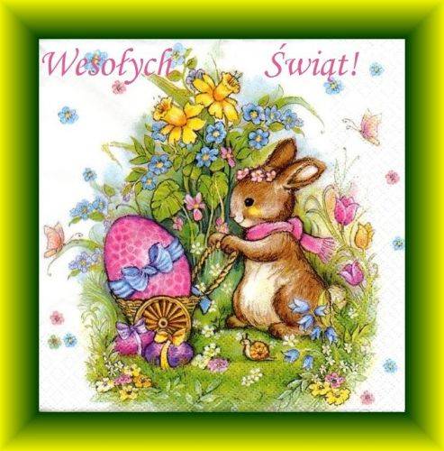 Br�zowy kr�liczek z w�zkiem pe�nym wielkanocnych jaj, kolorowe kwiaty i napis Weso�ych �wi�t