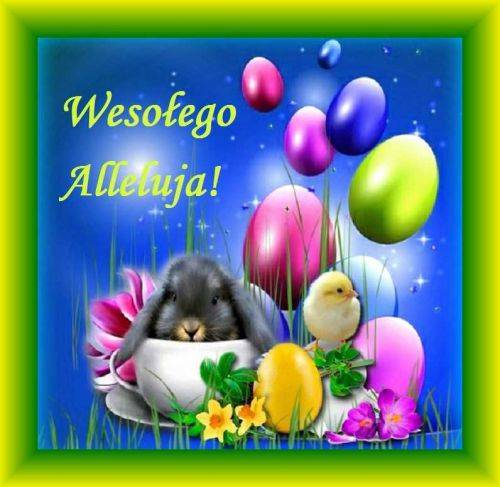 Szary kr�liczek w fili�ance, ��ty kurczak, kolorowe pisanki i napis Weso�ego Alleluja