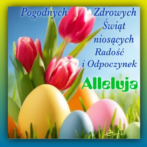 R�owe tulipany, kolorowe pisanki w trawie oraz wielkanocne �yczenia na niebieskim tle