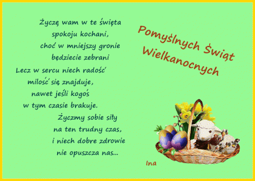 �yczenia wielkanocne, koszyk z pisankami, �onkilami i barankiem na zielonym tle z wierszem