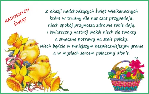 �yczenia wielkanocne z ��tymi kurcz�tami, �onkilami, koszykiem pe�nym pisanek i czerwonym napisem Radosnych �wi�t