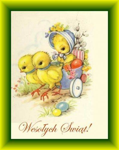 Trzy ��te kurcz�ta ci�gn� w�zek z pisankami i napis Weso�ych �wi�t