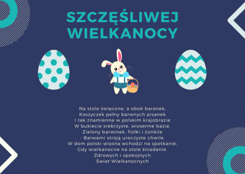 Napis Szcz�liwej Wielkanocy, kr�liczek z koszyczkiem, pisanki i wiersz na niebieskim tle