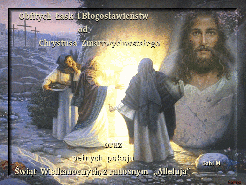 Jezus Zmartwychwsta�y, kobiety przy pustym grobie, krzy�e w tle i wielkanocne �yczenia