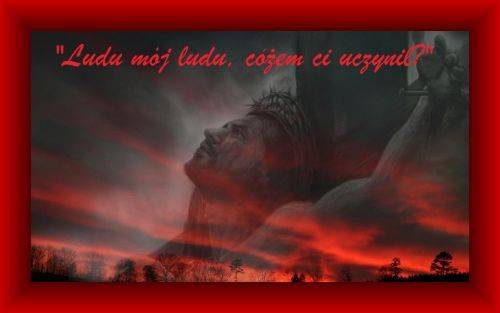 Jezus Chrystus w koronie cierniowej na krzyżu na tle czerwonego nieba z napisem