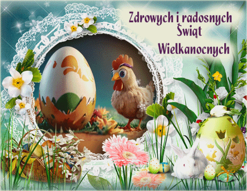 Wielkanocny kurczak, pisanki, zajączek, wiosenne kwiaty i napis Zdrowych i Radosnych Świąt Wielkanocnych