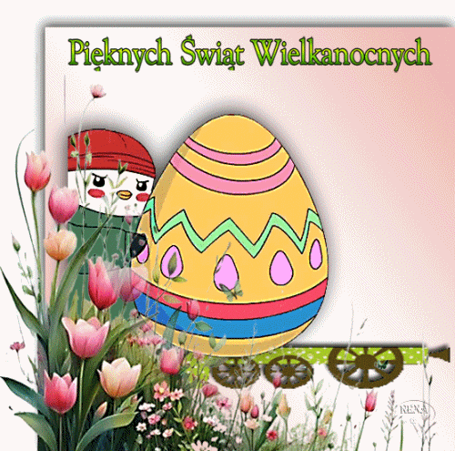 Wielkanocny napis, kolorowe pisanki, wiosenne kwiaty, tulipany oraz postać kurczaka w czerwonej czapce