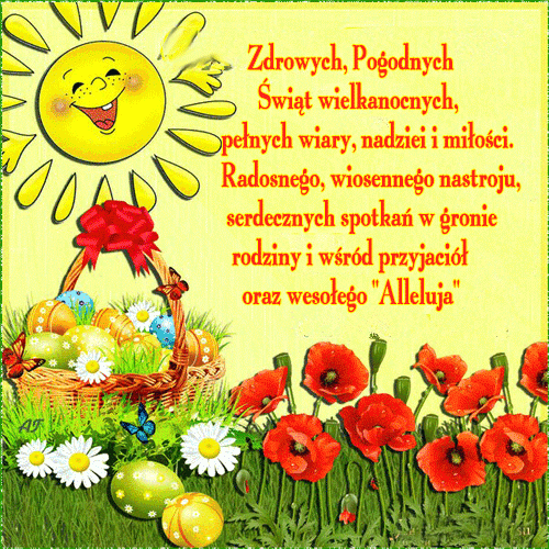 Uśmiechnięte słońce, koszyk z pisankami i czerwone maki z życzeniami wielkanocnymi