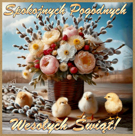 Bukiet wiosennych kwiatów w wazonie, bazie, cztery żółte kurczięta oraz napis Spokojnych Pogodnych Wesołych Świąt