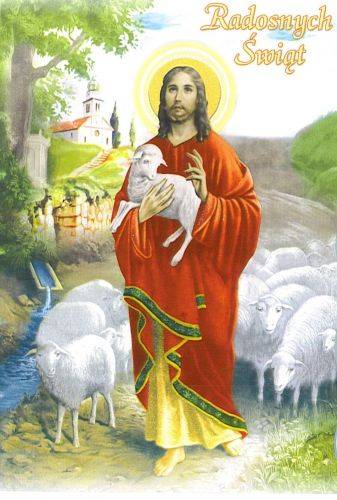 Jezus jako Dobry Pasterz trzyma owieczkę, wokół stado owiec, w tle kościół i napis Radosnych Świąt