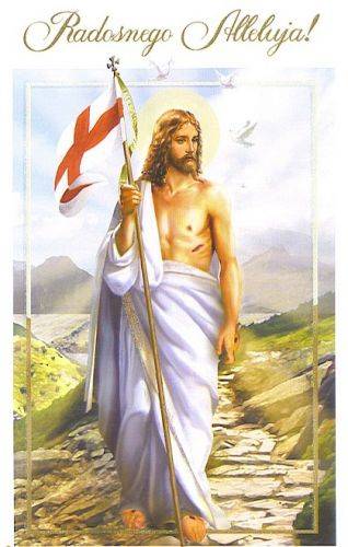 Jezus Chrystus z białą szatą i czerwoną flagą na tle krajobrazu z napisem Radosnego Alleluja
