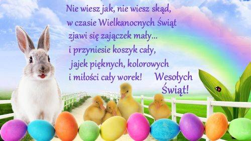 Wielkanocny zajączek, małe żółte kaczuszki, kolorowe pisanki, zielona łąka, tęcza i życzenia świąteczne