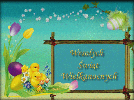 Żółte kurczątkie, kolorowe pisanki, wiosenne kwiaty i napis Wesołych Świąt Wielkanocnych w drewnianej ramie