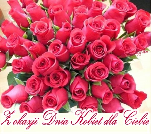 Buket pi�knych ciemnor�owych r� z napisem Z okazji Dnia Kobiet dla Ciebie
