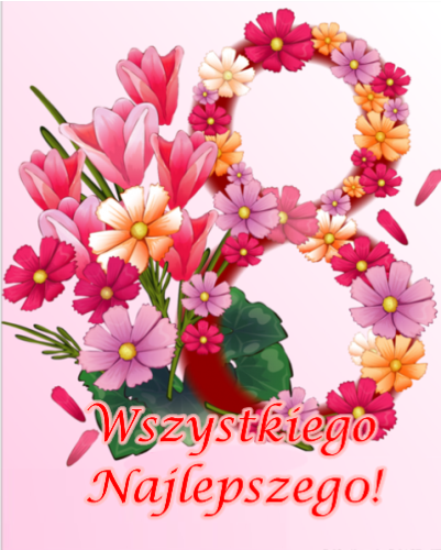 Cyfra osiem z kolorowych kwiat�w, bukiet r�owych tulipan�w i napis Wszystkiego Najlepszego