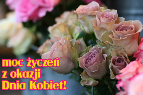 Bukiet pastelowych r� z ��to-r�owym napisem moc �ycze� z okazji Dnia Kobiet