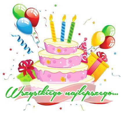 Trzypi�trowy r�owy tort urodzinowy ze �wieczkami, balonami, prezentami i napisem Wszystkiego najlepszego