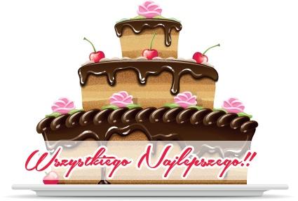 Trzypi�trowy tort czekoladowy z wi�niami, r�owymi r�ami i napisem Wszystkiego Najlepszego na bia�ym talerzu
