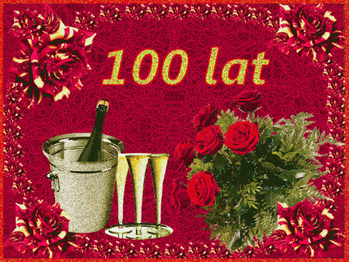 Czerwone t�o z r�ami, butelka szampana w wiaderku, kieliszki i napis 100 lat