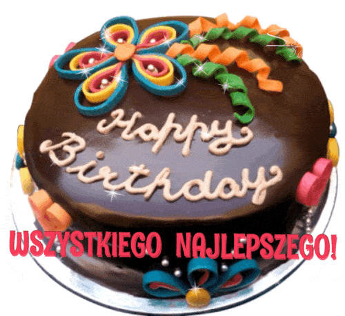 Czekoladowy tort urodzinowy z kolorowymi dekoracjami, napisem Happy Birthday oraz WSZYSTKIEGO NAJLEPSZEGO!