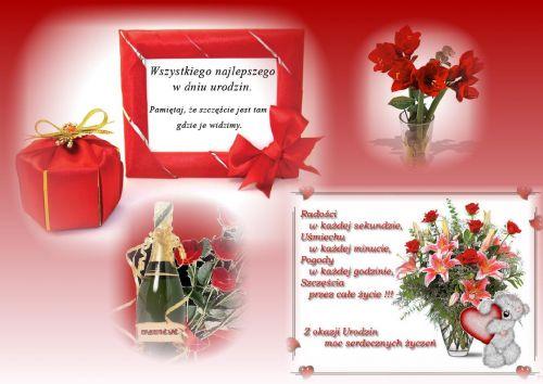 Czerwone t�o z �yczeniami urodzinowymi, prezentem, szampanem, bukietem r� i ma�ym misiem