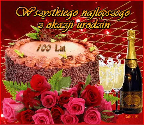 Tort czekoladowy z napisem 100 lat, czerwone r�e, szampan i kieliszki na czerwonym tle