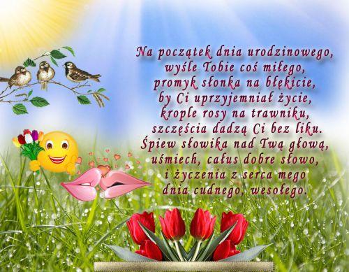 U�miechni�ta bu�ka, ptaki na ga��zi, czerwone tulipany i �yczenia urodzinowe na tle trawy