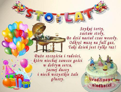 Girlanda STO LAT, kolorowe balony, tort z postaciami, prezenty oraz �yczenia urodzinowe