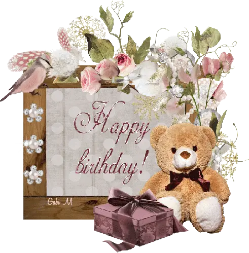 Pluszowy mi�, prezent, ptaszek i kwiaty w ramce z napisem Happy birthday