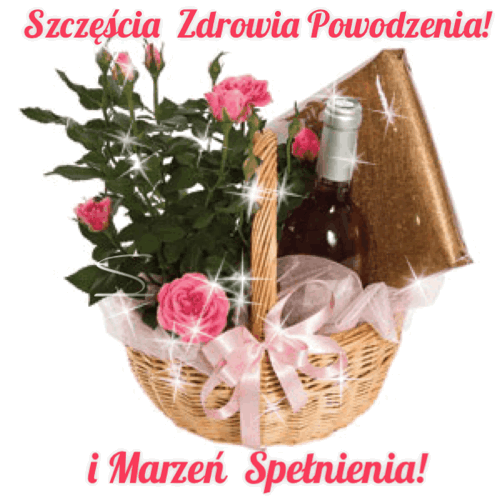 Kosz wiklinowy z różowymi różami w doniczce, butelką wina i napisem Szczęścia Zdrowia Powodzenia