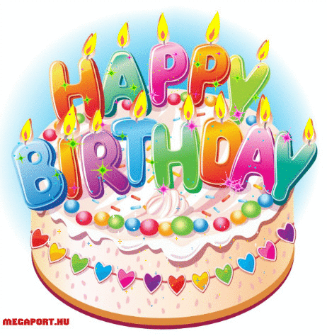Kolorowy tort urodzinowy z zapalonymi świeczkami w kształcie liter tworzących napisy Happy Birthday