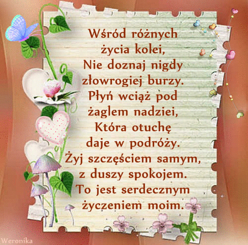 Wiersz o �yciu, motyl, serca, grzybki i kwiaty na tle ozdobnego arkusza papieru