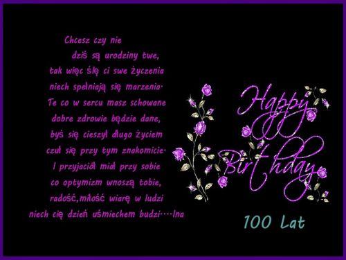 Czarny nurt z fioletowymi r�ami, napisem Happy Birthday, �yczeniami urodzinowymi i tekstem 100 lat