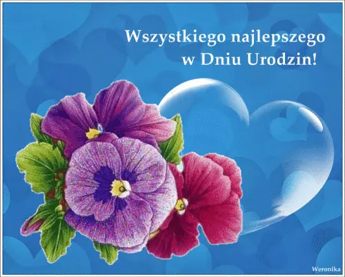 Fioletowe i bordowe bratki na niebieskim tle z sercami oraz napisem Wszystkiego najlepszego w Dniu Urodzin