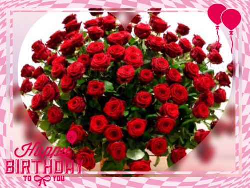 Du�y bukiet czerwonych r� w kszta�cie serca z r�owymi balonami i napisem Happy Birthday