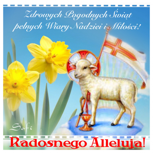 Baranek wielkanocny z chor�gwi�, ��te �onkile i napisy z �yczeniami �wi�tecznymi