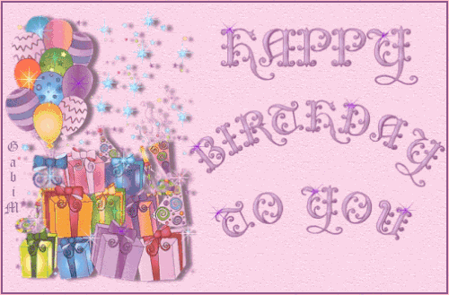 R�owe t�o z kolorowymi balonami, prezentami, b�yszcz�cymi gwiazdkami oraz napisem Happy Birthday to you