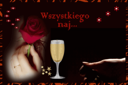 Czerwona róża, kieliszek szampana, dłonie i napis Wszystkiego naj na czarnym tle dekorowanym gwiazdkami