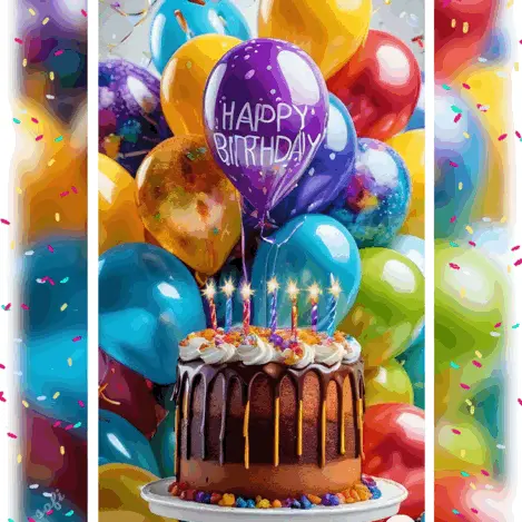 Czekoladowy tort z zapalonymi świeczkami, otoczony kolorowymi balonami z napisem Happy Birthday