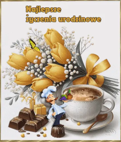 ��te tulipany, fili�anka kawy, czekoladki, ma�y kucharz z tac� i napis Najlepsze �yczenia urodzinowe