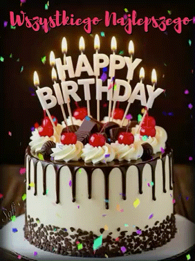 Tort urodzinowy z polewą czekoladową, świeczkami, wiśniami, napisem Happy Birthday oraz Wszystkiego Najlepszego