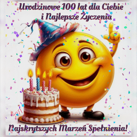 Żółta emotka w czapce urodzinowej obok tortu z czterema świeczkami i napisy urodzinowe