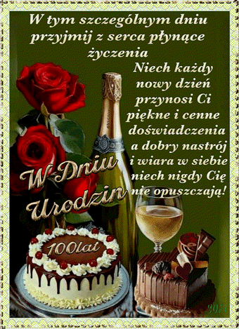 Butelka szampana, kieliszek, czerwone r�e, dwa torty urodzinowe i �yczenia na zielonym tle